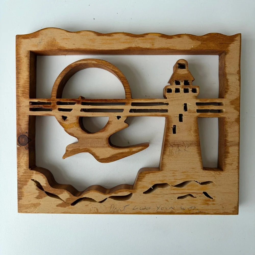 Vintage Hand Carved Wood Nautical Lighthouse Seagull Sun Wall Art Decor 9x7.5